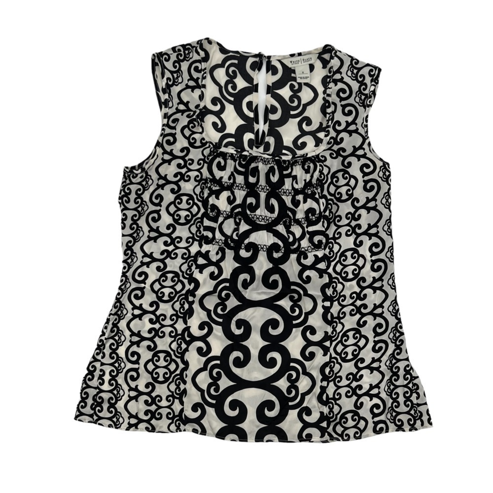 White House Black Market White Black Swirl Silk Sleeveless Blouse Size S Women's